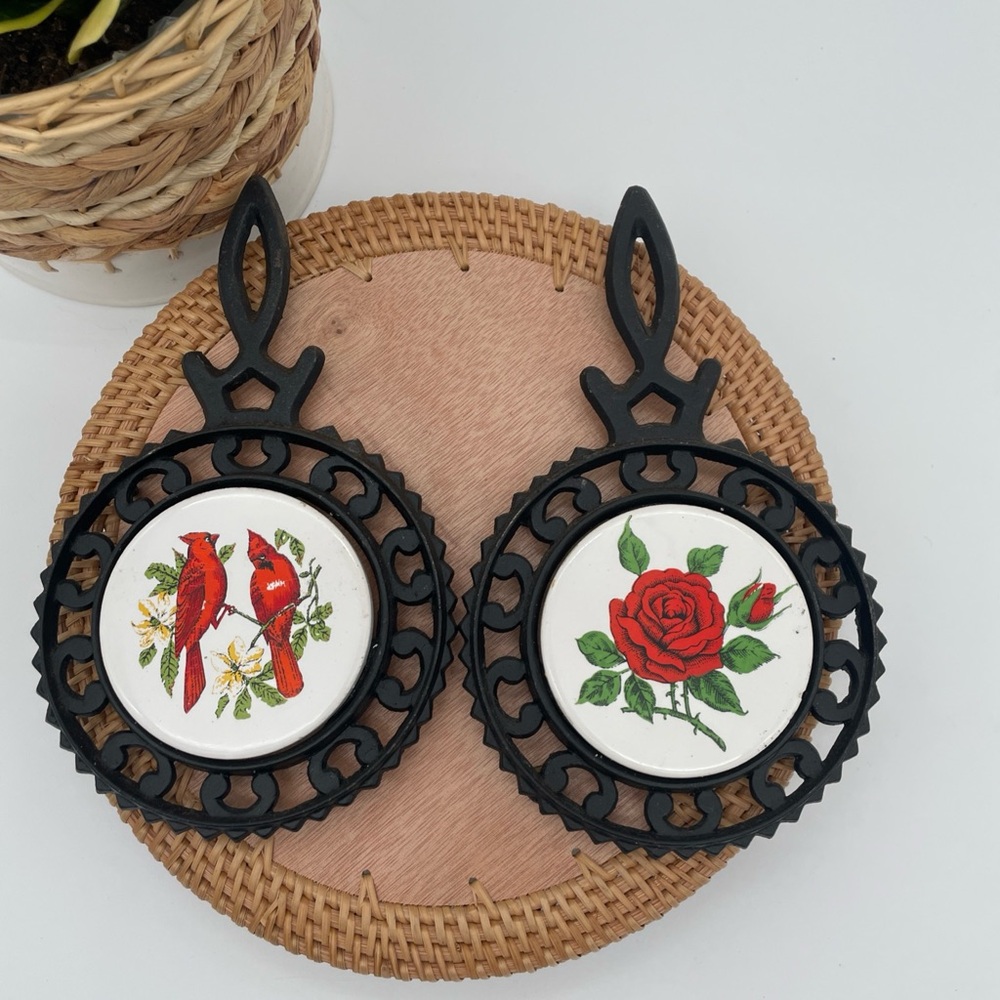 Vintage Cast Iron and Ceramic Tile Trivet- Set of 2